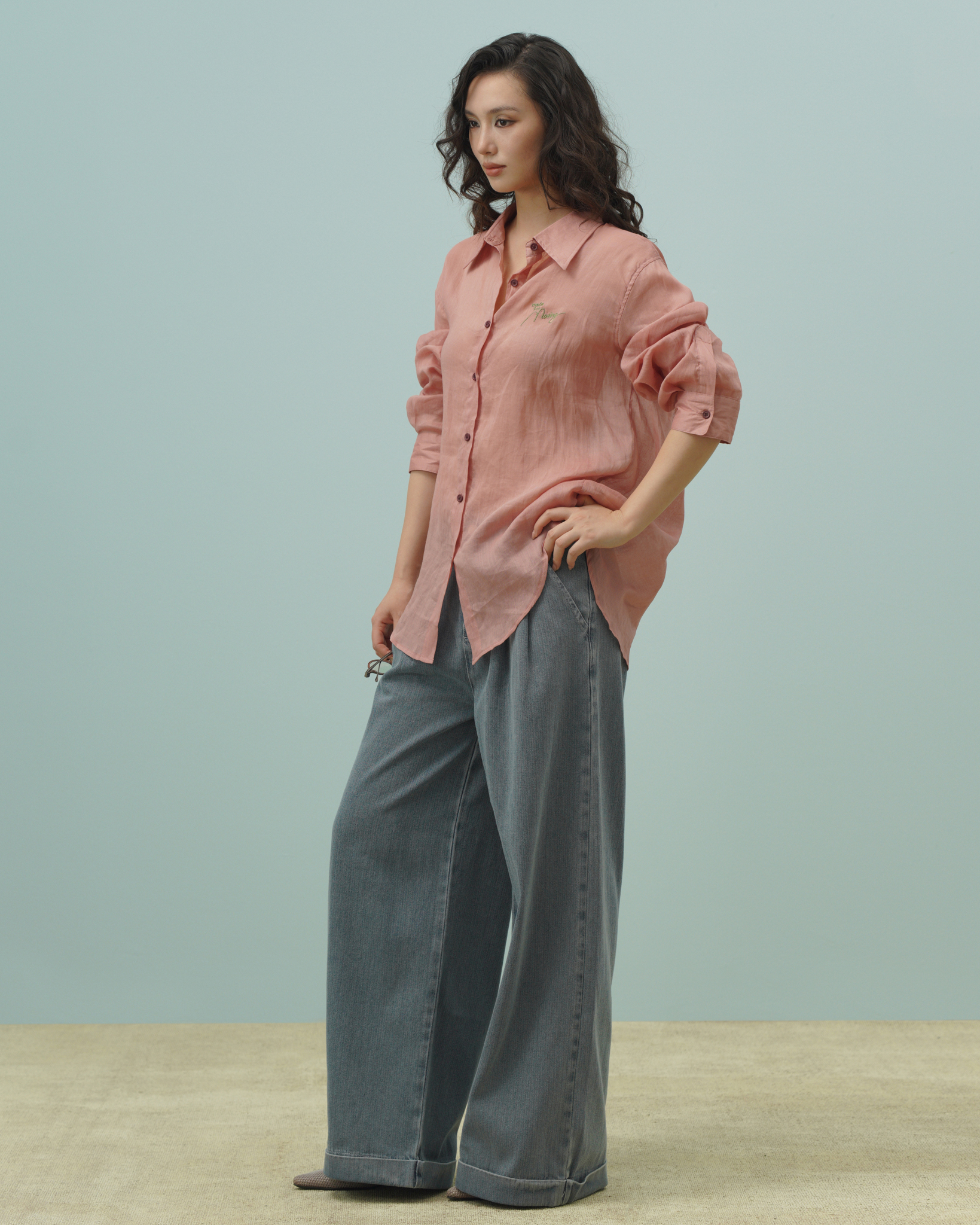 Melbon Jeans (62046200_Quần bò dài nữ ống suông, gấp gấu, vải dệt thoi)