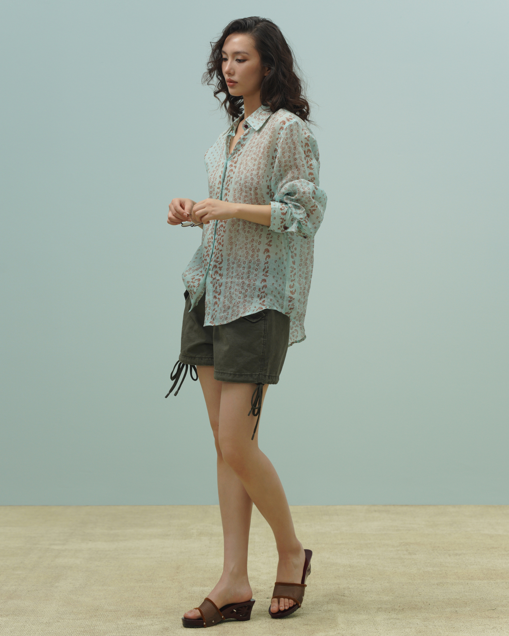 Sylvie Ramie Shirt (62069000_Áo sơ mi nữ dài tay, in hoạ tiết hoa, bằng vải dệt thoi)