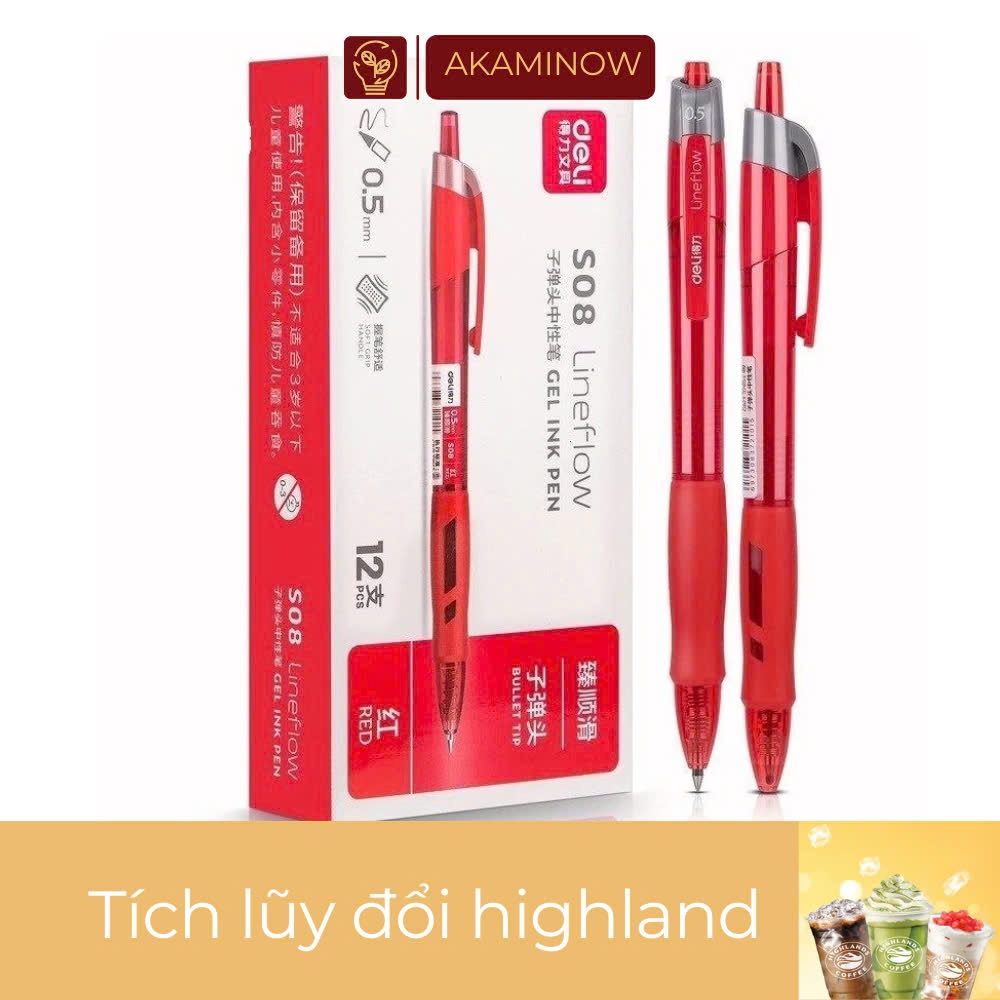 Hộp 12 Bút Gel Deli Lineflow S08 Đầu Ngòi 0.5MM giá sỉ - 6bútđỏ+1rs206đỏ