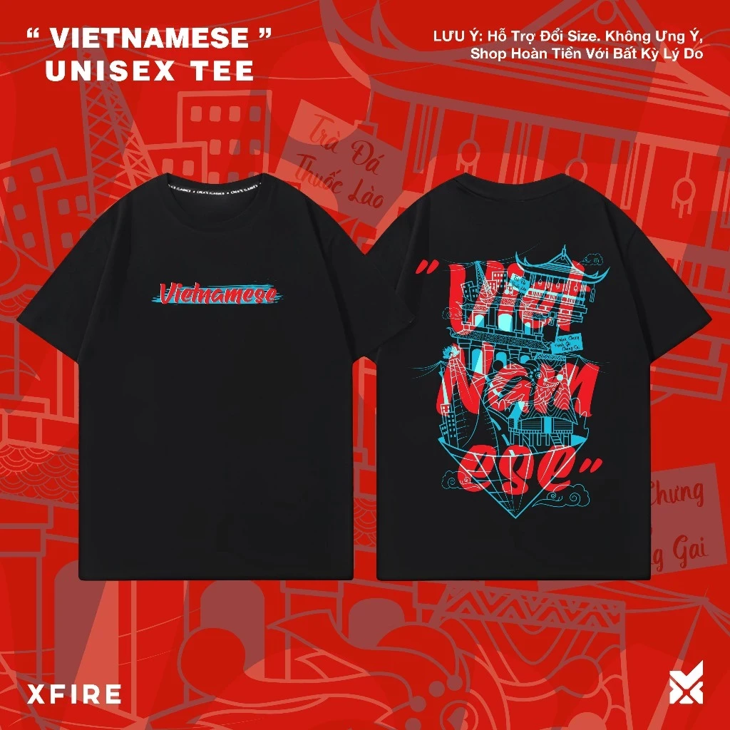Áo Thun Việt Nam Tay Ngắn Xfire. In Họa Tiết Vietnamese. Vải 100% Cotton, Oversized, Nhiều Màu