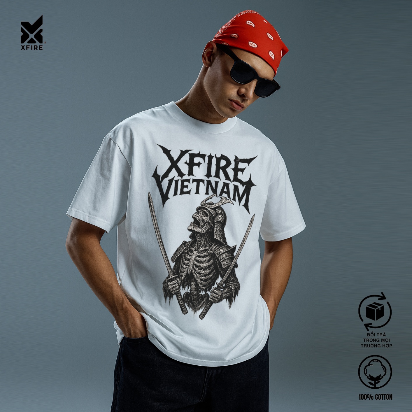Áo Thun Unisex Xfire Samurai Skeleton Form Rộng Oversize 100% Cotton Nhiều Màu
