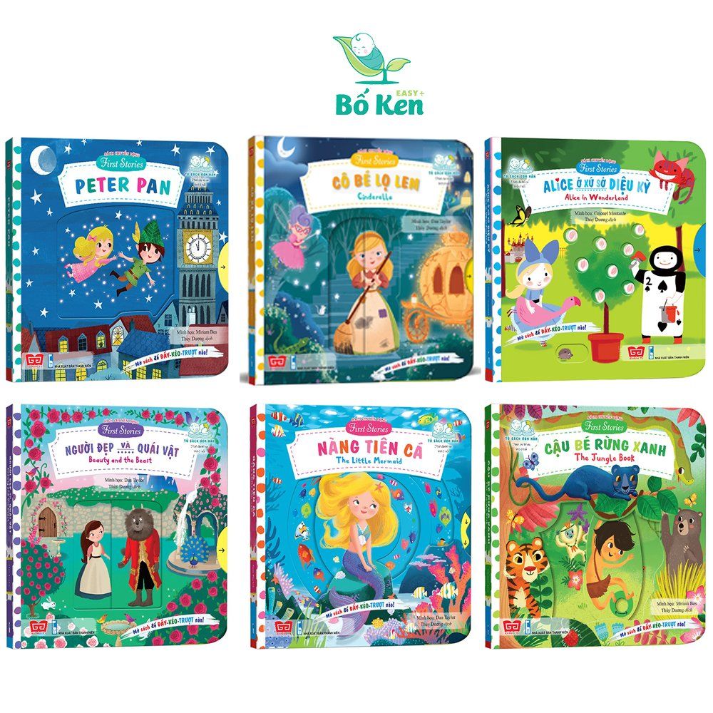 Combo 6 Sách chuyển động 0-6Y - First stories - Các Câu Chuyện Cổ Tích (Peter Pan, Cậu bé rừng xanh, Người đẹp và quái vật, Cô bé lọ lem, Nàng tiên cá, Alice ở xứ sở diệu kỳ)