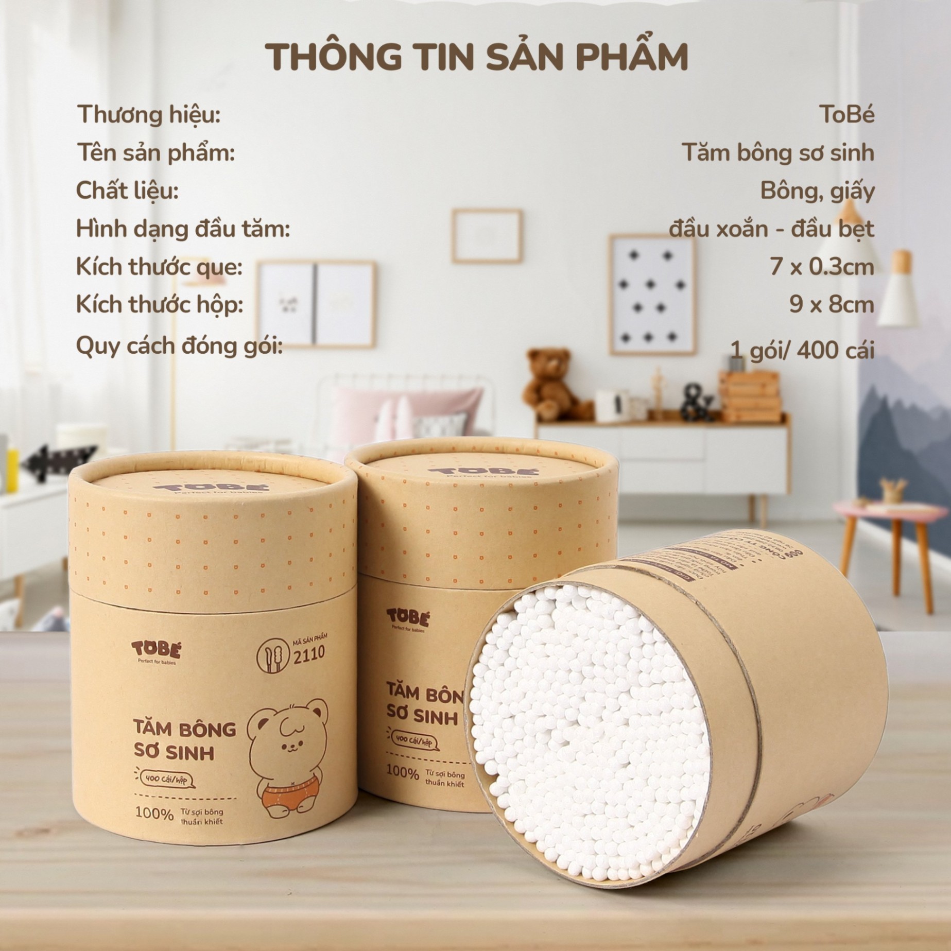 Tăm bông sơ sinh 1 đầu xoắn Tobe (400c/hộp)