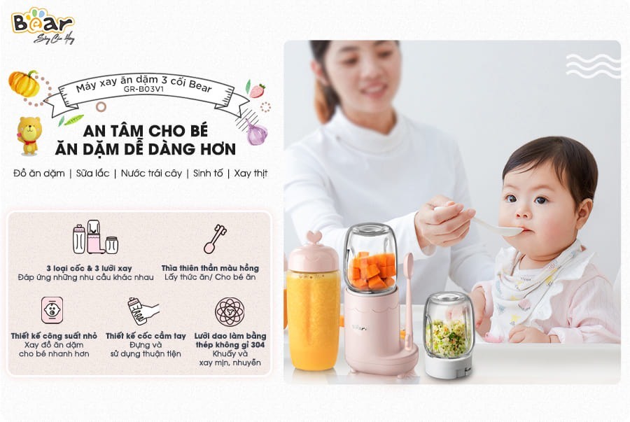 Máy xay đa năng 3 cối thủy tinh Bear GR-B03V1 - Màu Hồng (300ml + 60gr + 60gr)