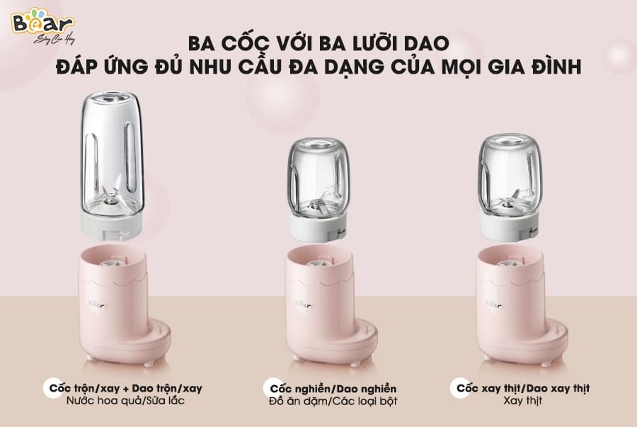 Máy xay đa năng 3 cối thủy tinh Bear GR-B03V1 - Màu Hồng (300ml + 60gr + 60gr)