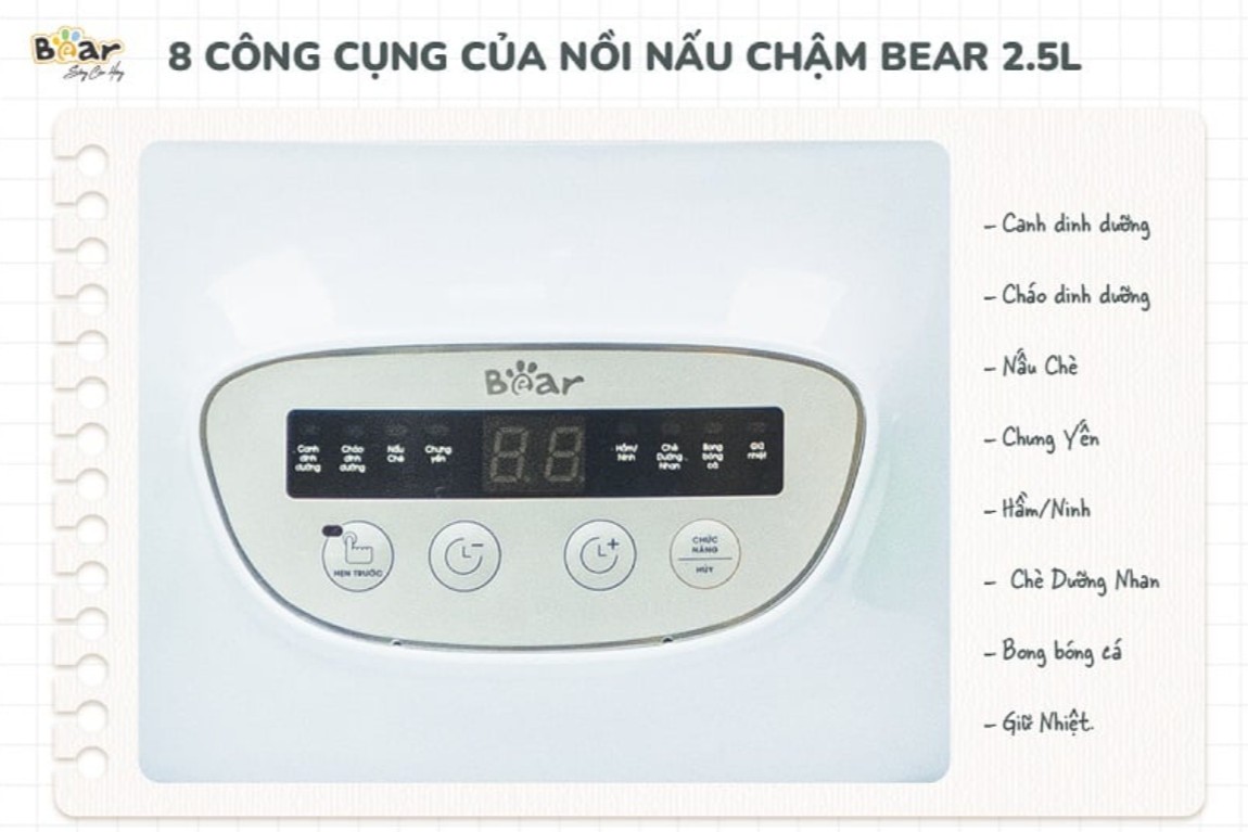 Nồi nấu chậm Bear 2.5L Xanh - Bản Tiếng Việt