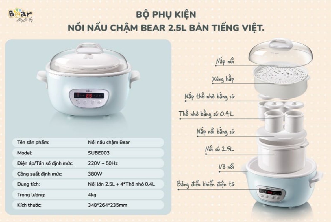 Nồi nấu chậm Bear 2.5L Xanh - Bản Tiếng Việt