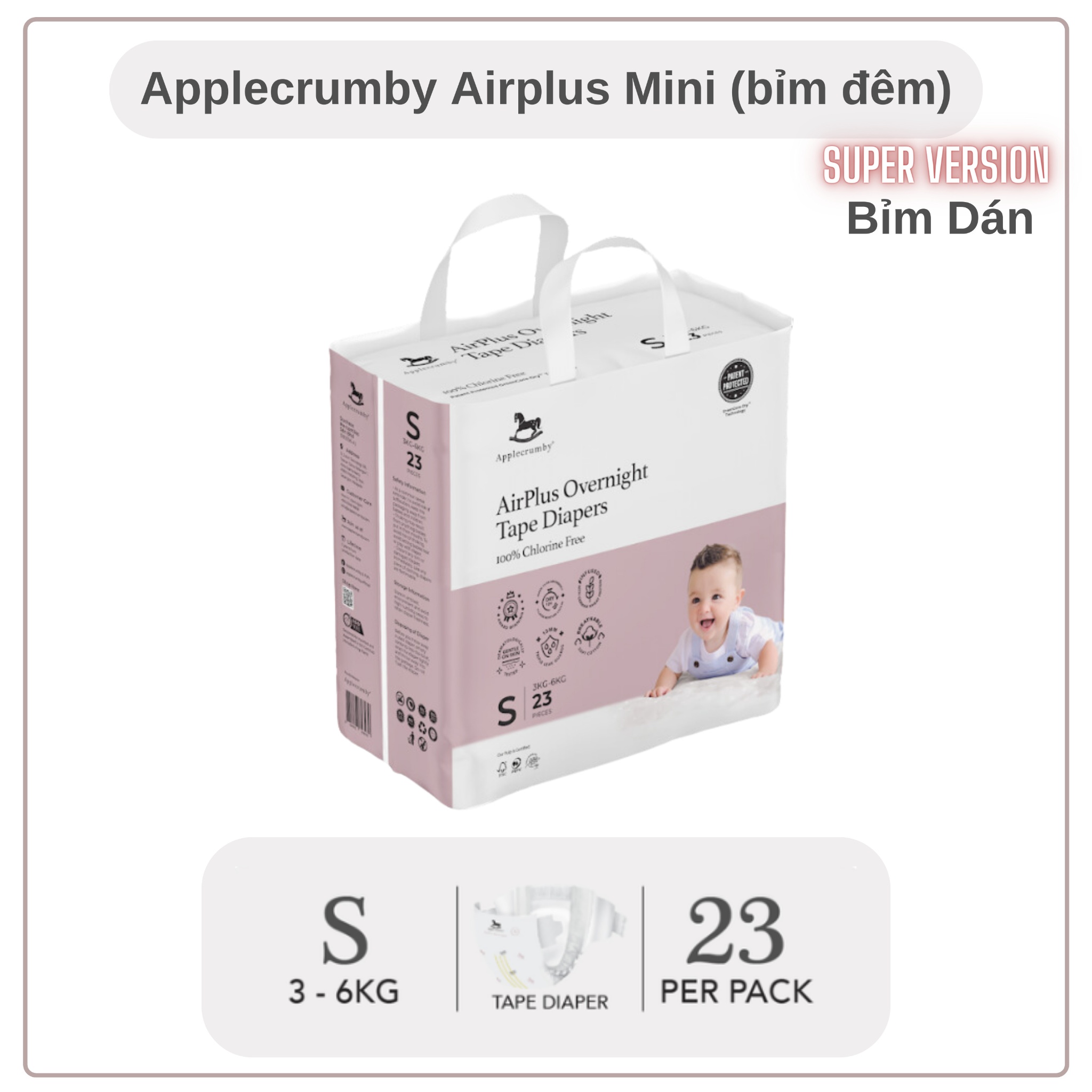 BỈM 𝗔𝗣𝗣𝗟𝗘𝗖𝗥𝗨𝗠𝗕𝗬 - Overnight Bản Mini [Bỉm Đêm] Đủ Size Cho Bé Từ Sơ Sinh-18kg [100% Hàng Cao Cấp]