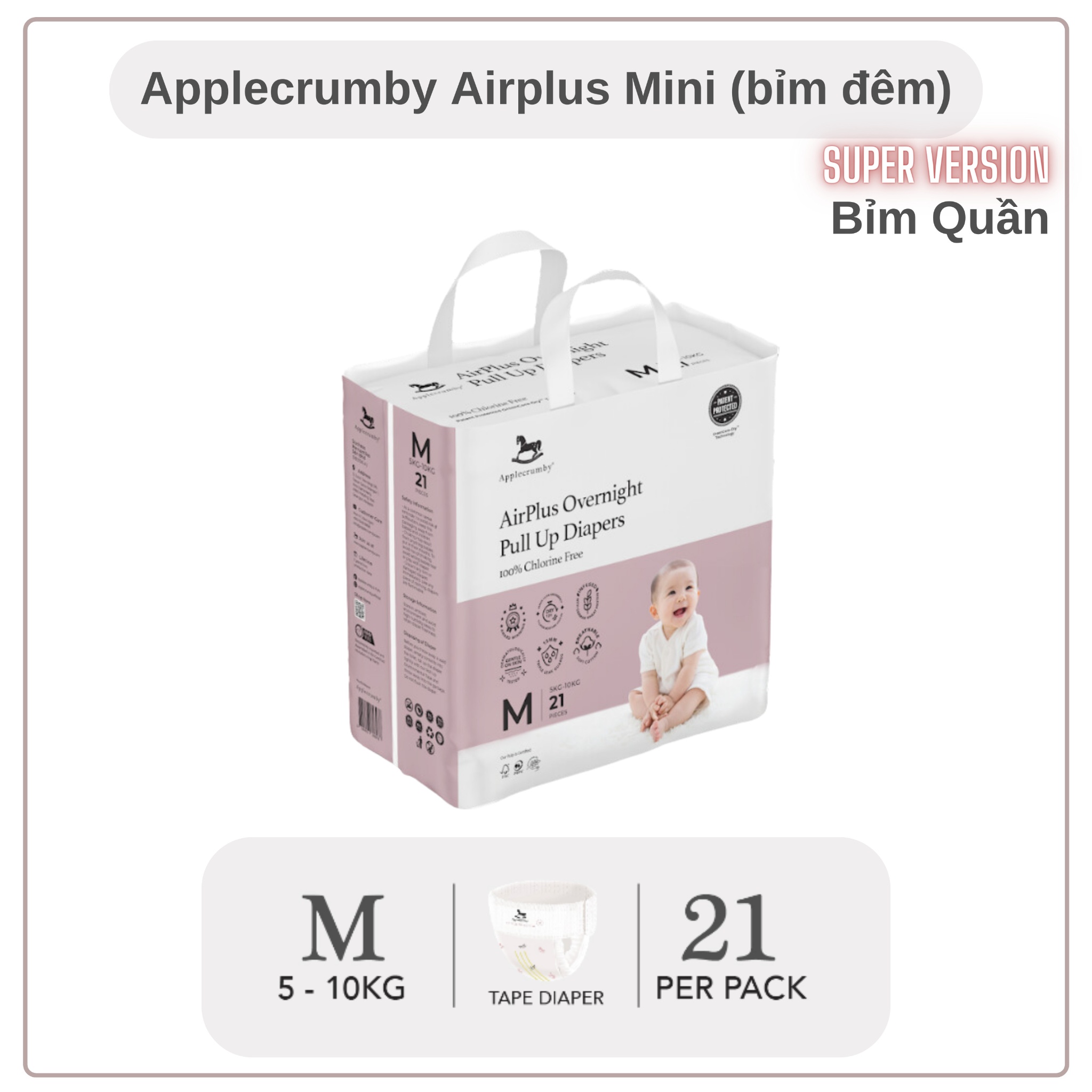 BỈM 𝗔𝗣𝗣𝗟𝗘𝗖𝗥𝗨𝗠𝗕𝗬 - Overnight Bản Mini [Bỉm Đêm] Đủ Size Cho Bé Từ Sơ Sinh-18kg [100% Hàng Cao Cấp]