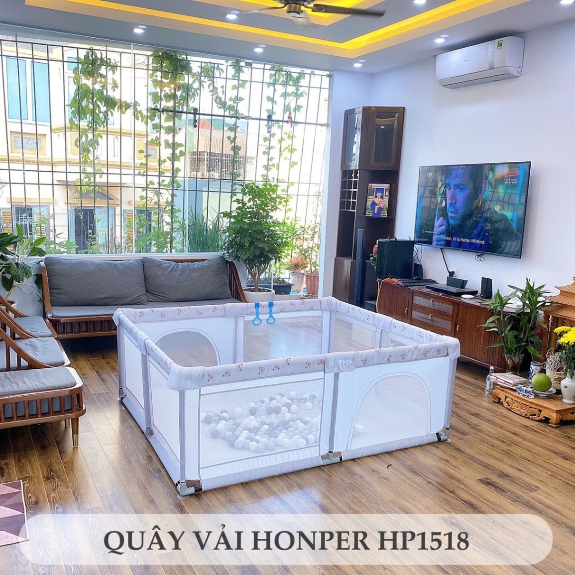 Quây vải Honper cao cấp HP1518 (Tặng kèm 100 bóng + 2 dây đai) 1.5x1.8m - Màu Ghi họa tiết gấu