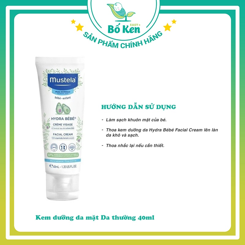 Kem dưỡng da mặt Da thường Mustela - HYDRA BEBE FACIAL CREAM 40ml