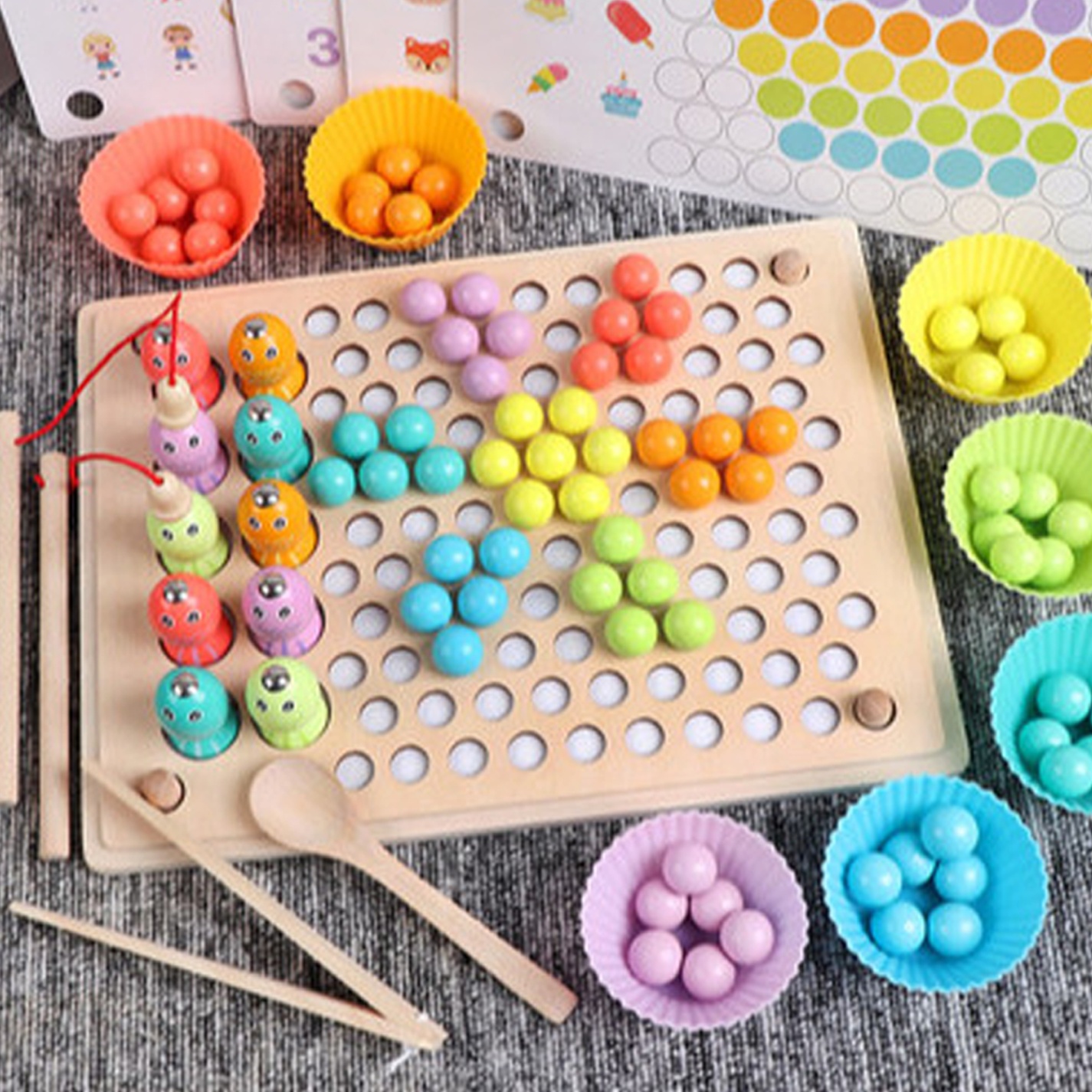 Kẹp Hạt Gỗ, Đồ Chơi Trí Tuệ 3 Trong 1 [Giáo cụ Montessori Cho Trẻ Từ 2 - 6 tuổi]