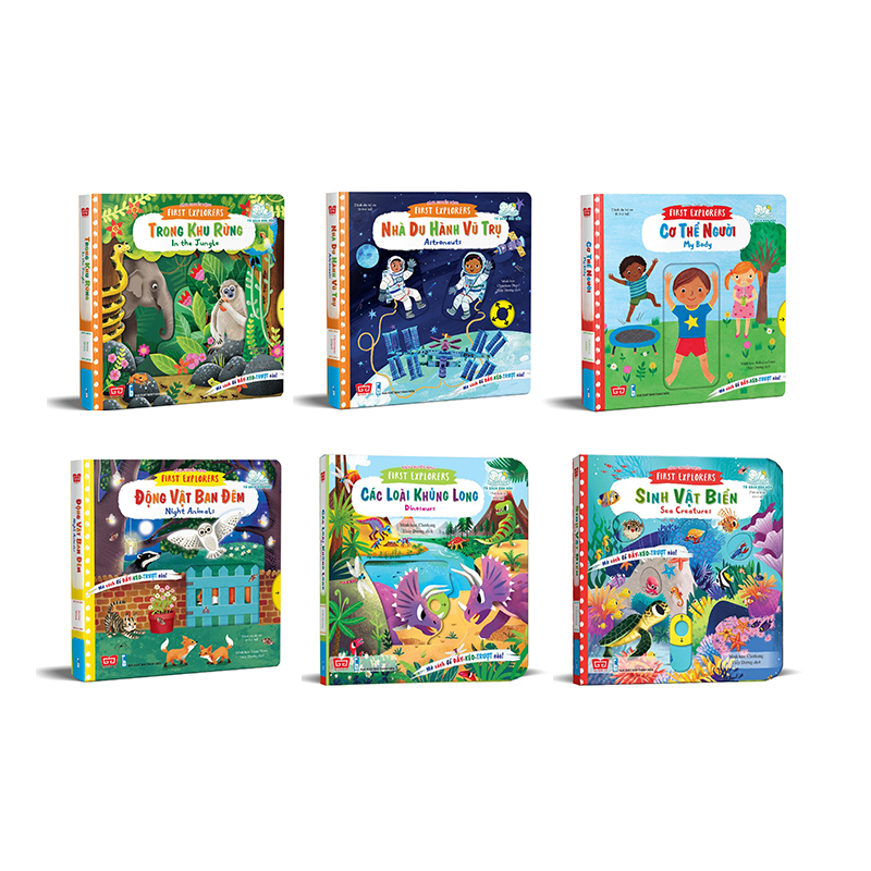 Combo 6 Sách chuyển động 0-6Y - First explorers (Cơ thể người, Các loài khủng long, Trong khu rừng, Động vật ban đêm, Nhà du hành vũ trụ, Sinh vật biển)