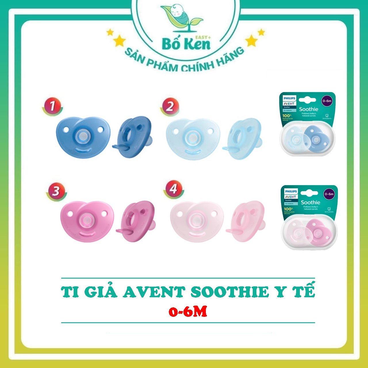 Ti giả Avent Soothie 𝐘 tế 0-6m Dạng Tròn Silicon Nguyên Khối