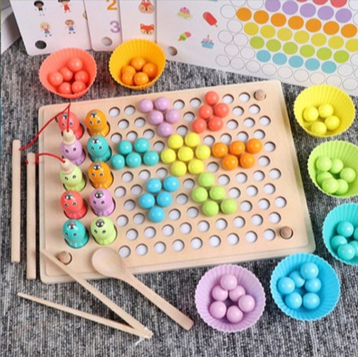 Kẹp Hạt Gỗ, Đồ Chơi Trí Tuệ 3 Trong 1 [Giáo cụ Montessori Cho Trẻ Từ 2 - 6 tuổi]