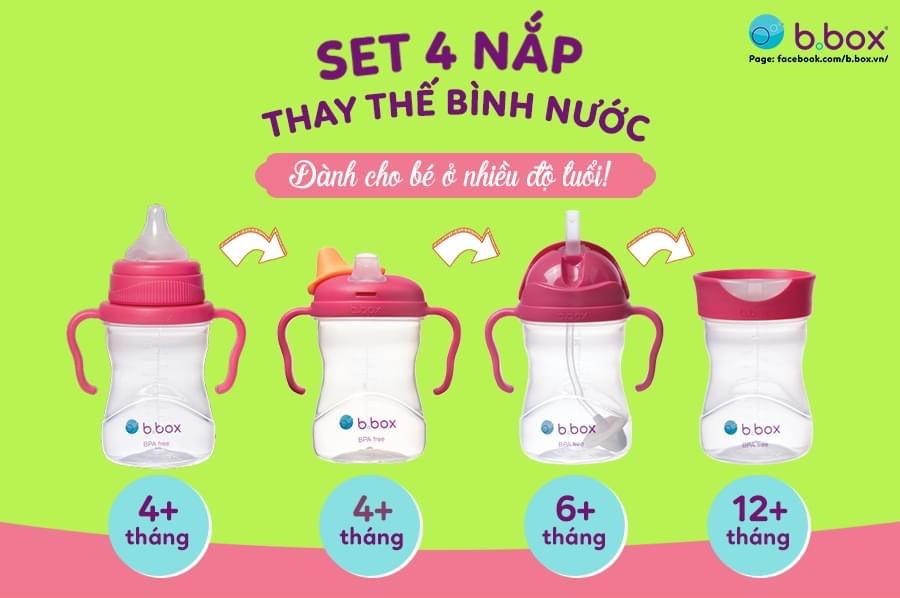 Bộ bình nước BBOX 4 nắp thay thế tiện dụng cho bé từ 4 tháng đến 3 tuổi