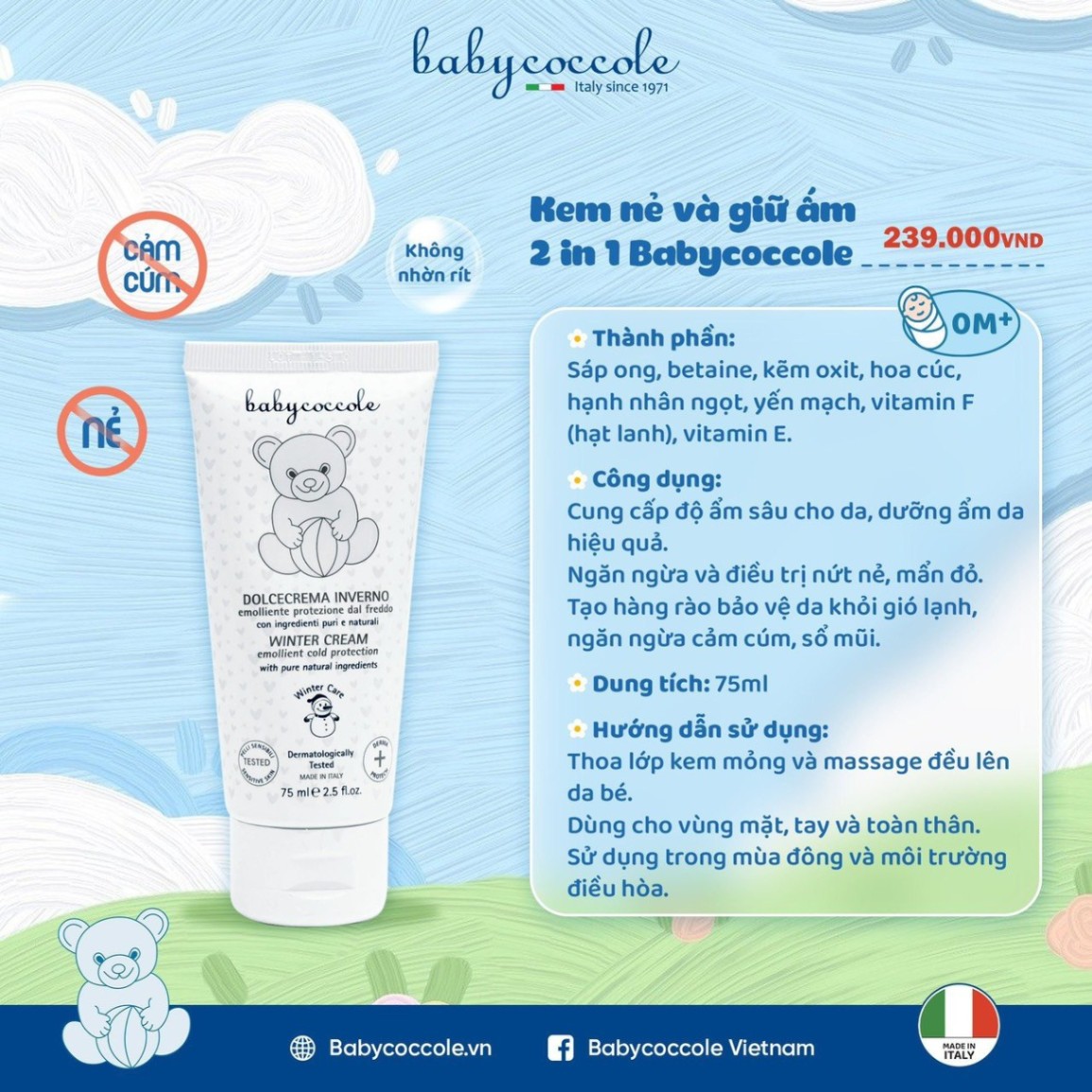 Kem nẻ và giữ ấm từ sáp ong và vitamin Babycoccole cho bé từ 0M+ [Tuýp 75ml]