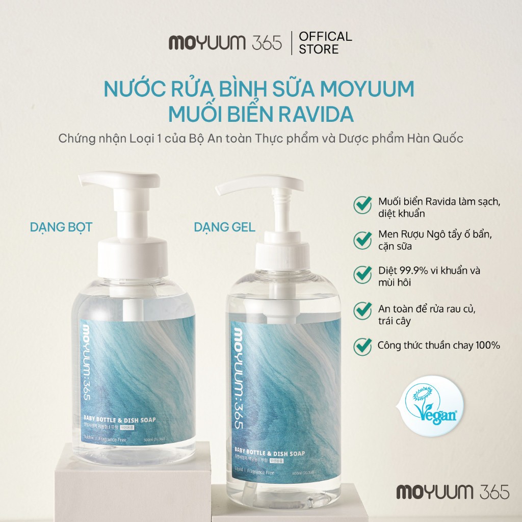 Nước rửa bình sữa thuần chay Moyuum 365 - Nước rửa bình Muối biển