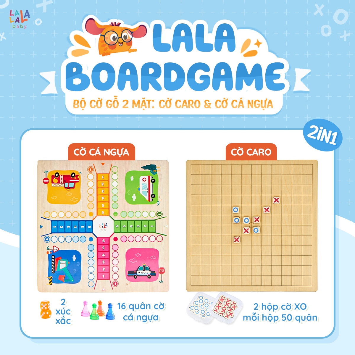 Bộ cờ Lala Boardgame 2 in 1 cờ caro và cờ cá ngựa cho bé từ 3 tuổi [Lalala Baby]