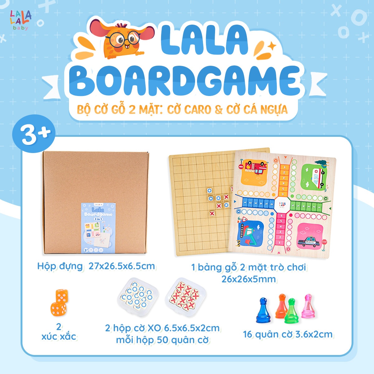 Bộ cờ Lala Boardgame 2 in 1 cờ caro và cờ cá ngựa cho bé từ 3 tuổi [Lalala Baby]