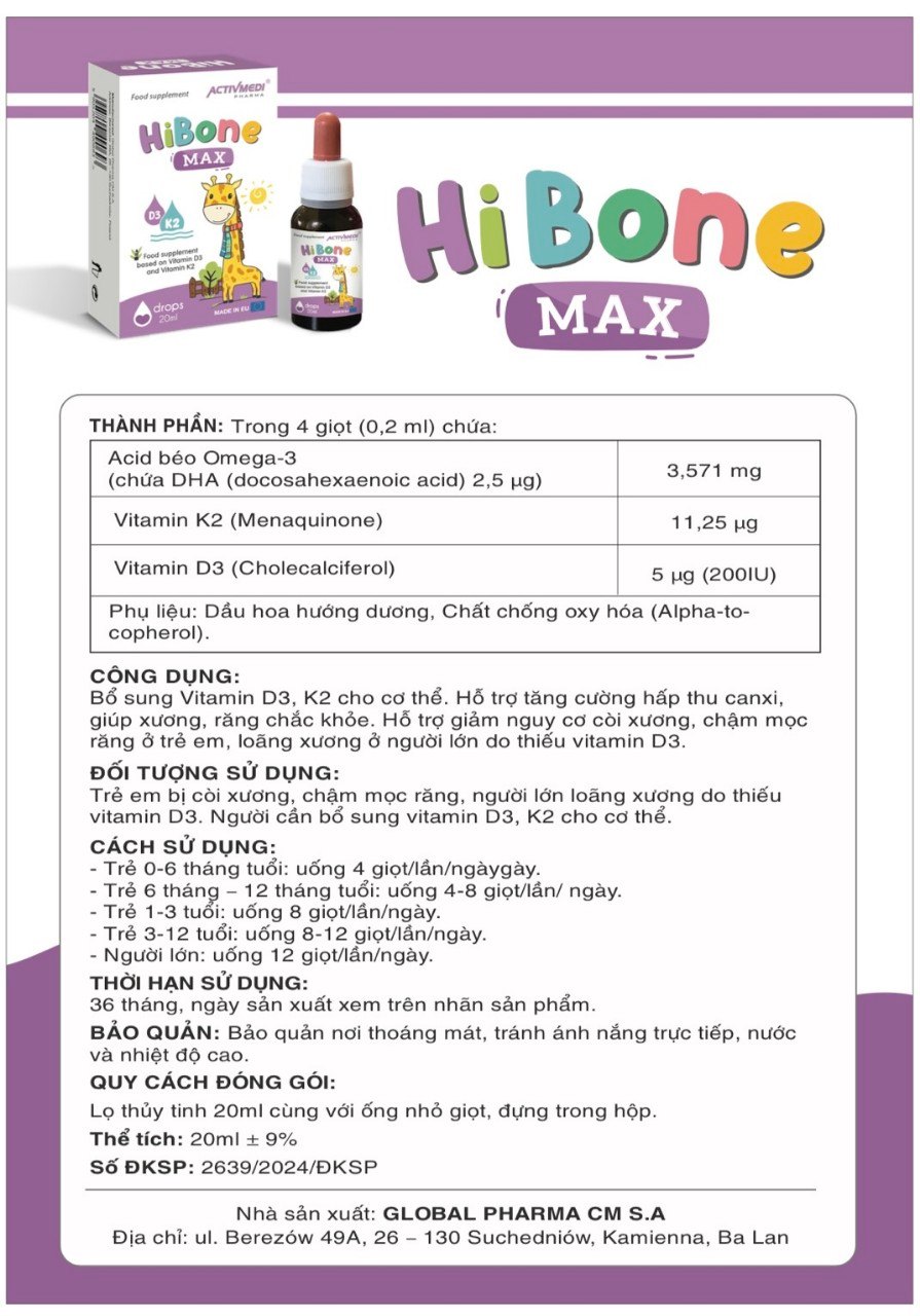 Vitamin D3, K2 Hibone Max (Nhỏ giọt 20ml) - Bổ sung thêm DHA