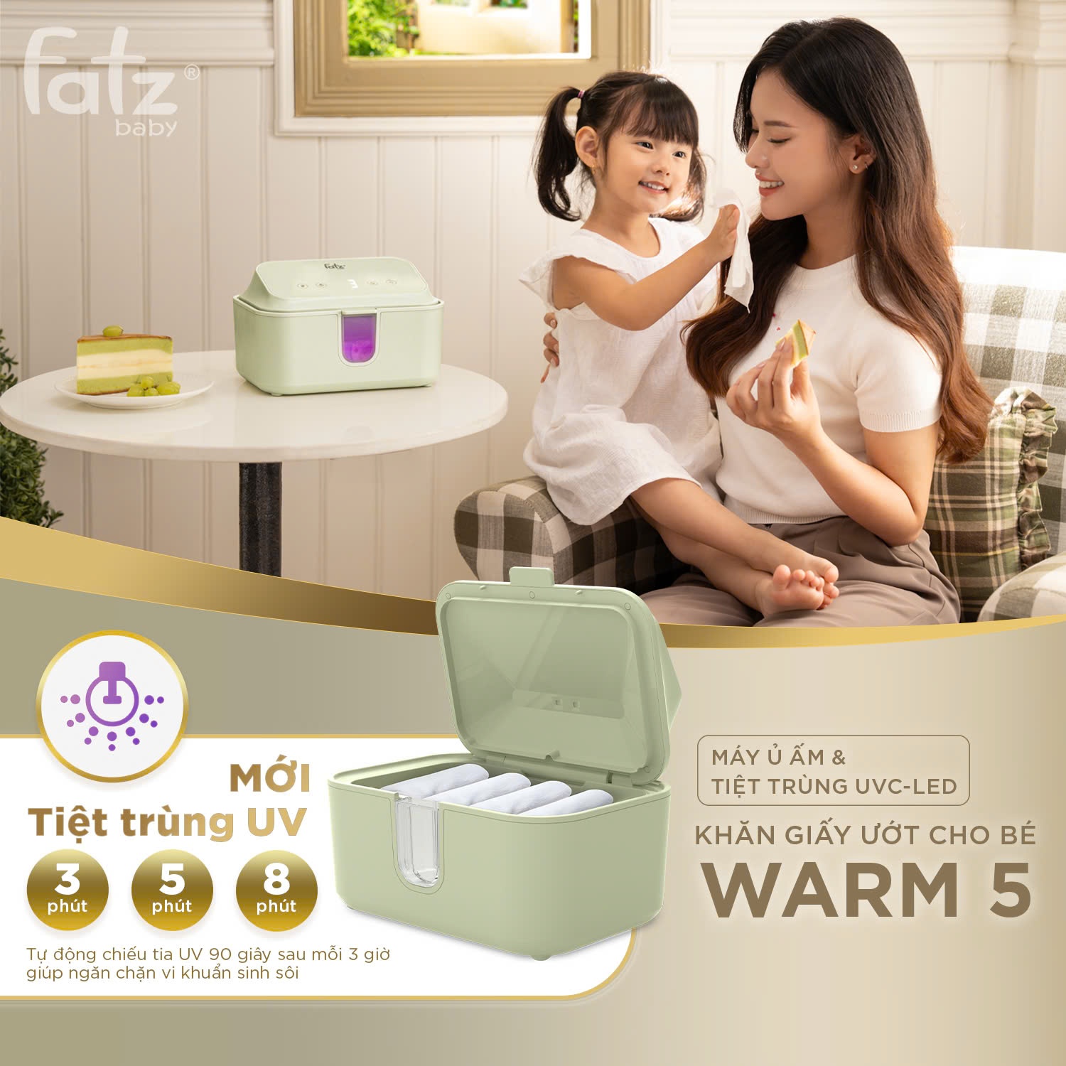 Máy ủ ấm và tiệt trùng UVC-LED khăn giấy ướt cho bé Fatzbaby - Warm 5