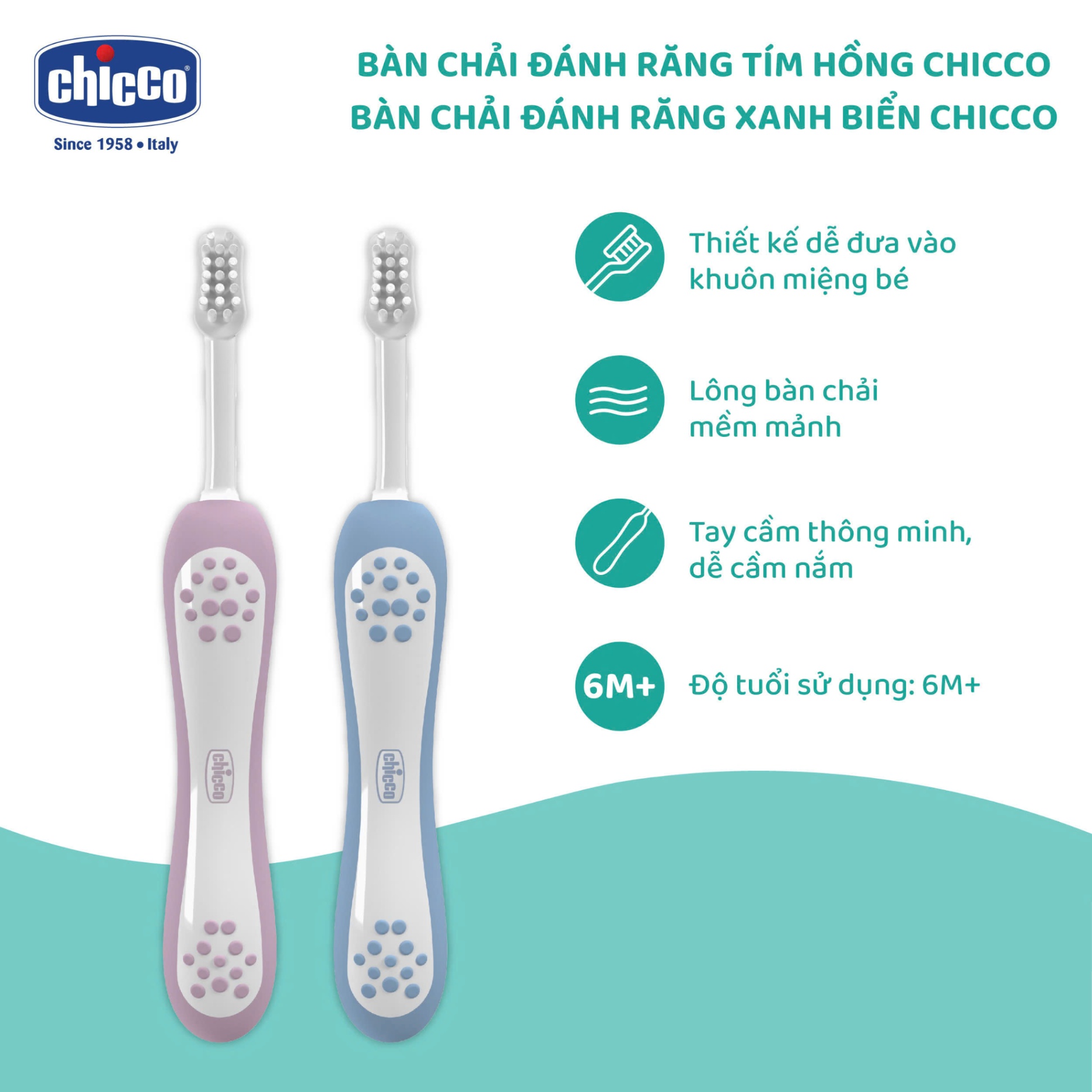 Bàn chải đánh răng cho bé từ 6 tháng [Thương Hiệu Chicco - Sản xuất tại Italy]