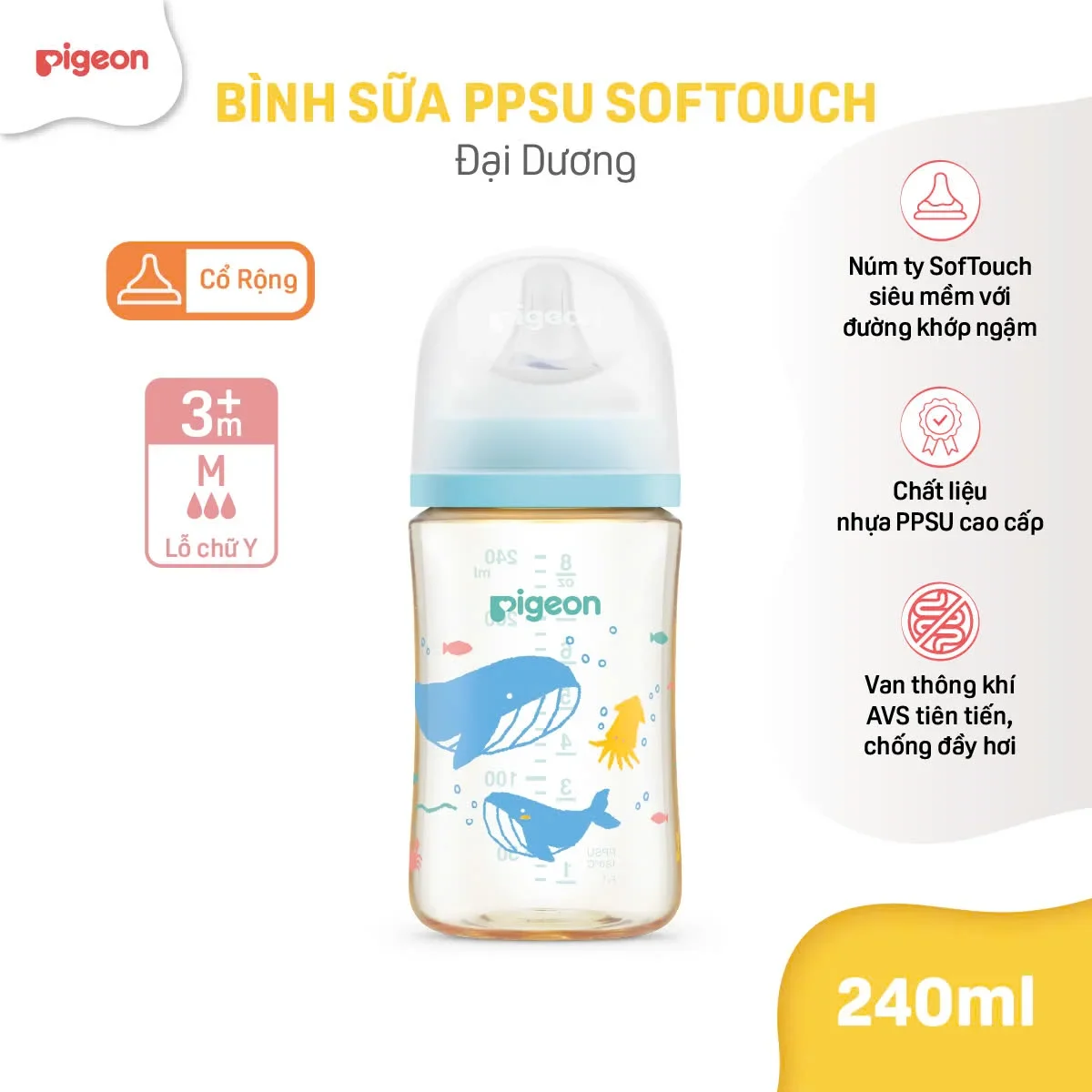 Bình Pigeon PPSU Cổ Rộng QUỐC TẾ THẾ HỆ III 160ml/240ml - Nhiều Hoạ Tiết