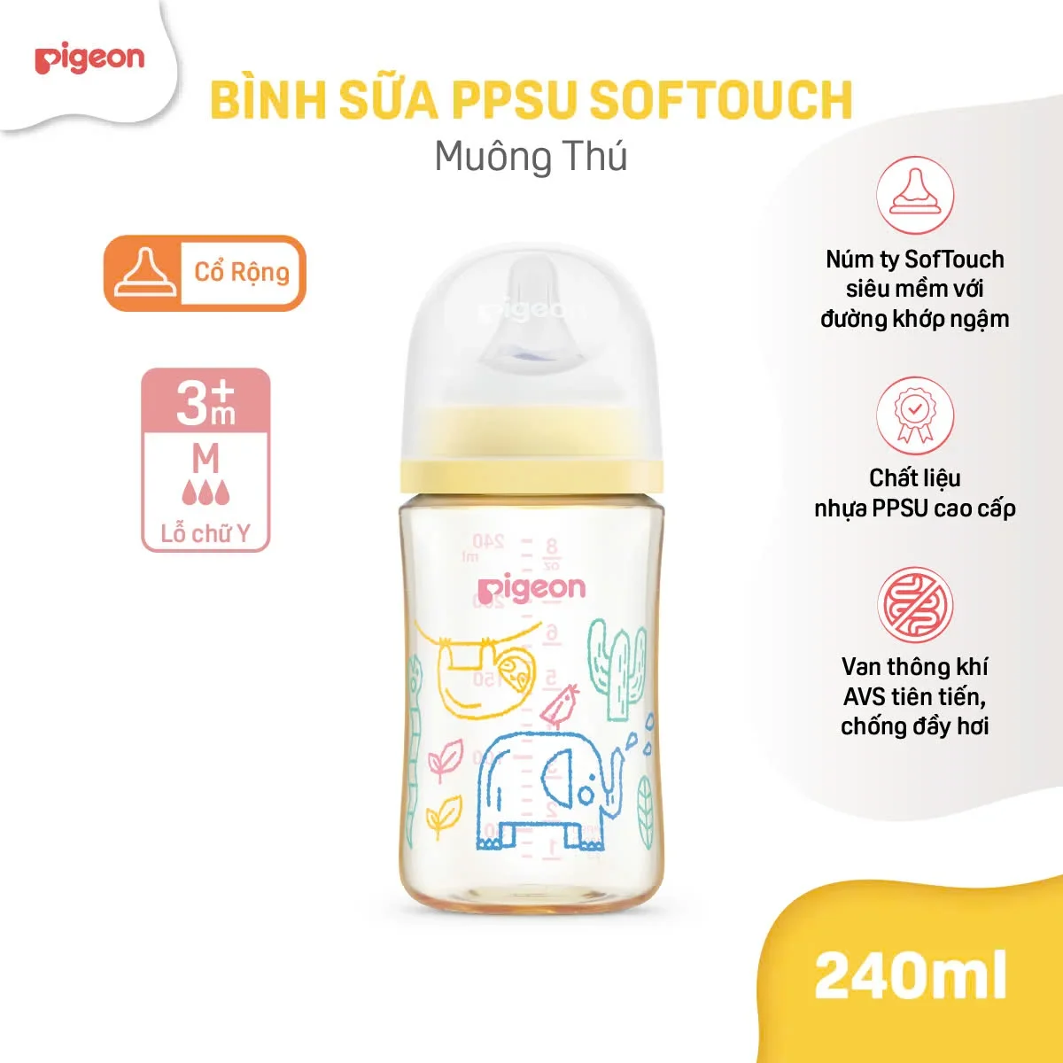Bình Pigeon PPSU Cổ Rộng QUỐC TẾ THẾ HỆ III 160ml/240ml - Nhiều Hoạ Tiết