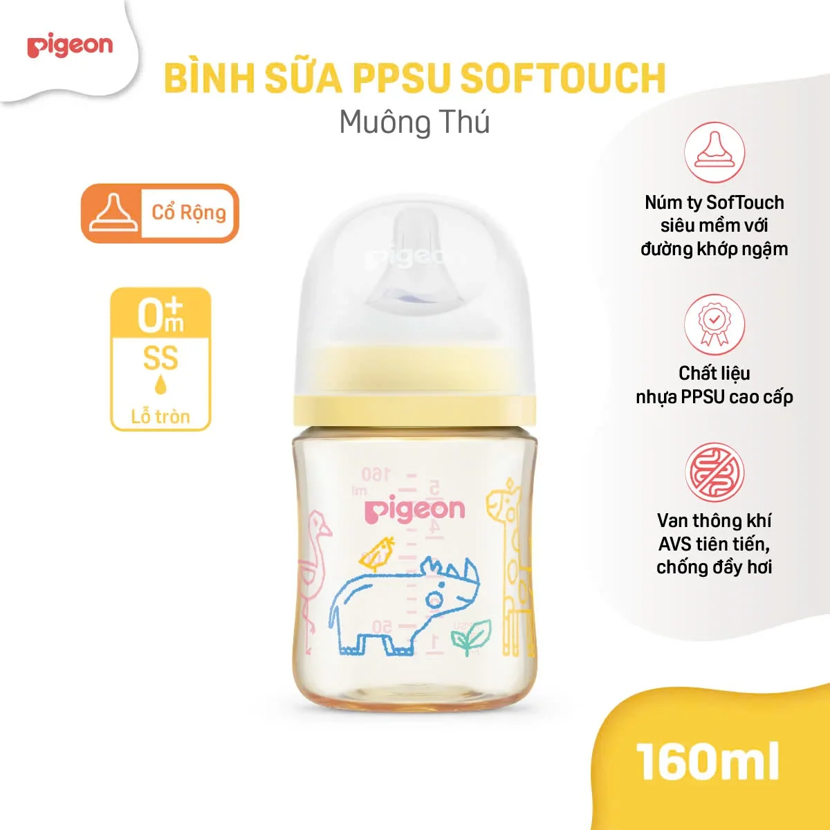 Bình Pigeon PPSU Cổ Rộng QUỐC TẾ THẾ HỆ III 160ml/240ml - Nhiều Hoạ Tiết