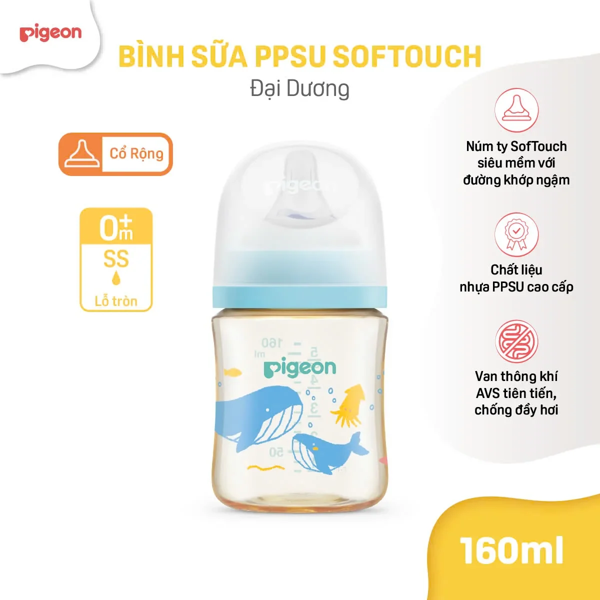 Bình Pigeon PPSU Cổ Rộng QUỐC TẾ THẾ HỆ III 160ml/240ml - Nhiều Hoạ Tiết