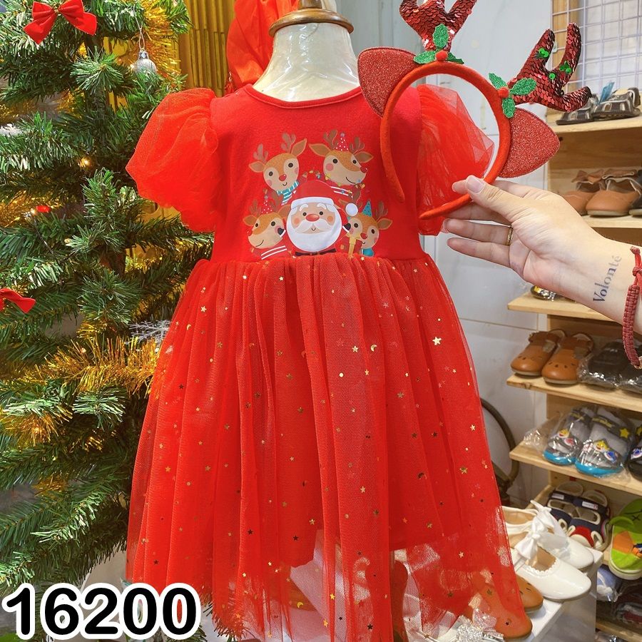 Đầm Noel Nhung Tay Ngắn Bé Gái - Đỏ Chấm Vàng – Fosig