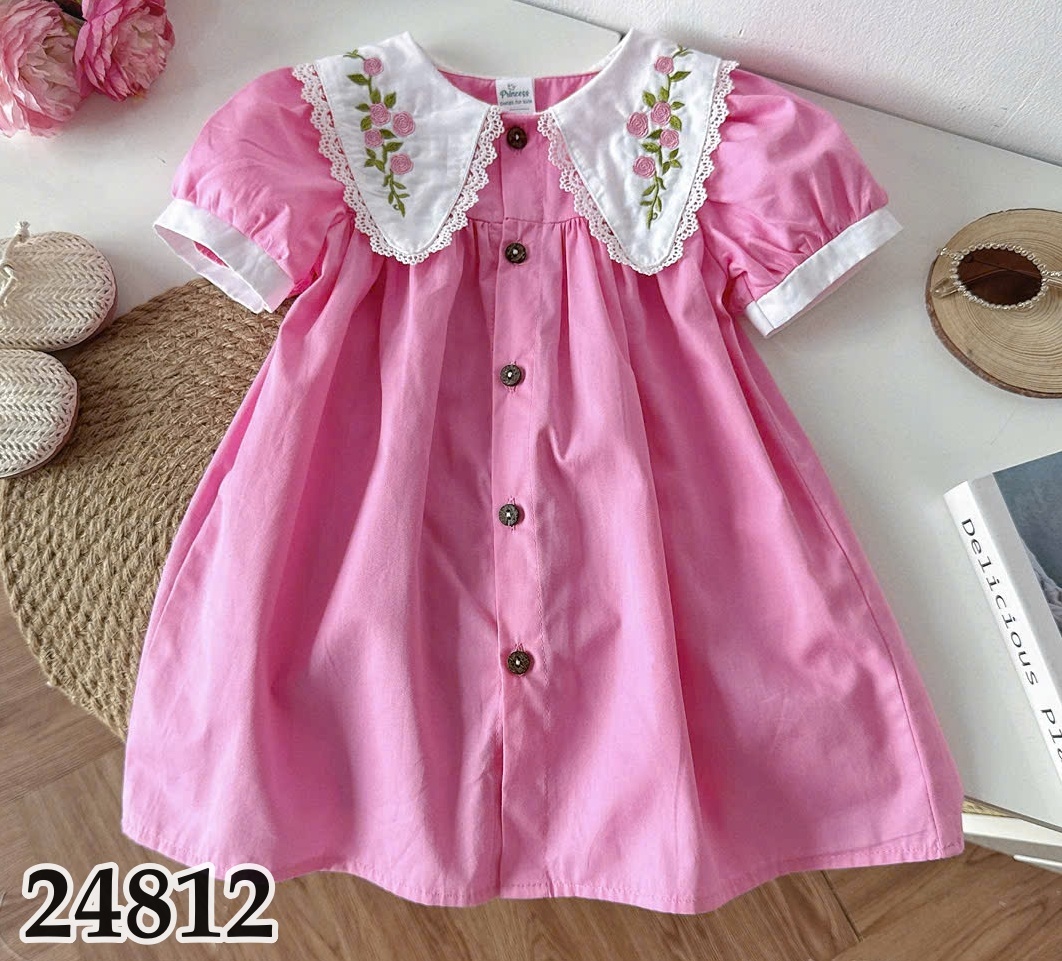ĐẦM HỒNG CỔ THÊU 24812