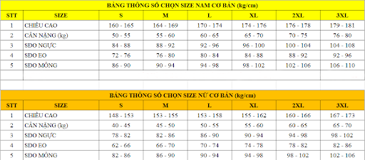 Bảng size của xưởng may vest nữ Anima