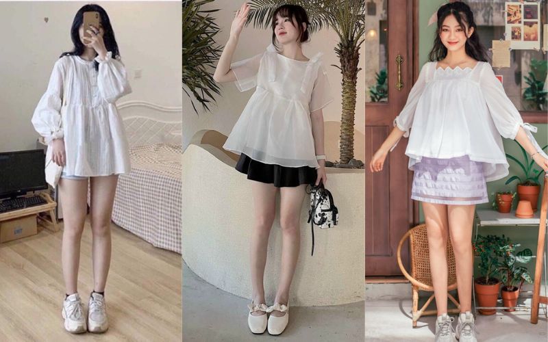 Áo baby doll kết hợp chân váy jean dài là một trong những trang phục công sở mùa hè hoàn hảo