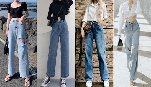 Quần jeans ống suông rộng phối cùng áo thun cách điệu