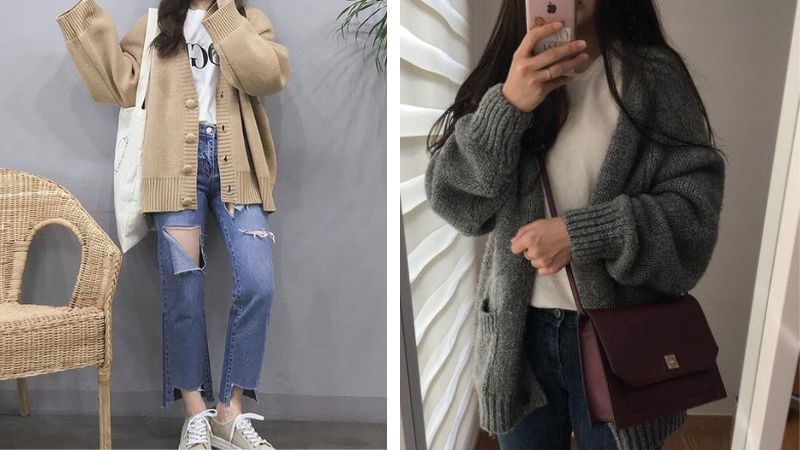 Mix quần jeans dài cùng áo cardigan