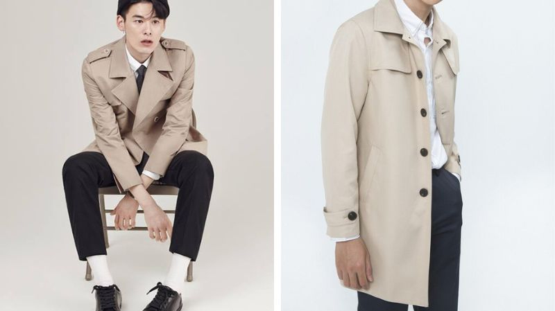 Áo trench coat kaki dáng dài mix với sơ mi trắng và quần tây đen