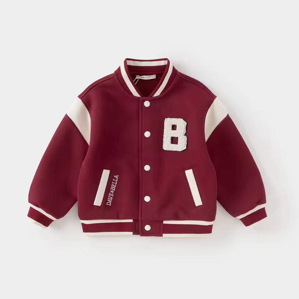 Áo khoác bomber bé trai màu đỏ rượu chữ B – Áo varsity nỉ ấm Dave & Bella DB3250012