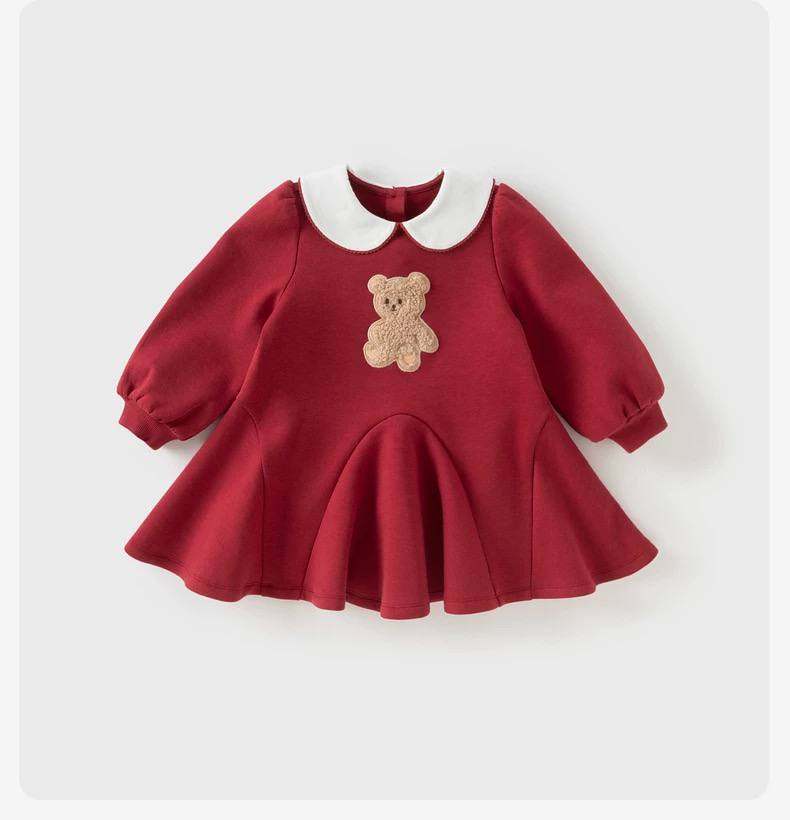 Váy bé gái đỏ gấu bông dễ thương, cổ Peter Pan, dài tay DB3253096