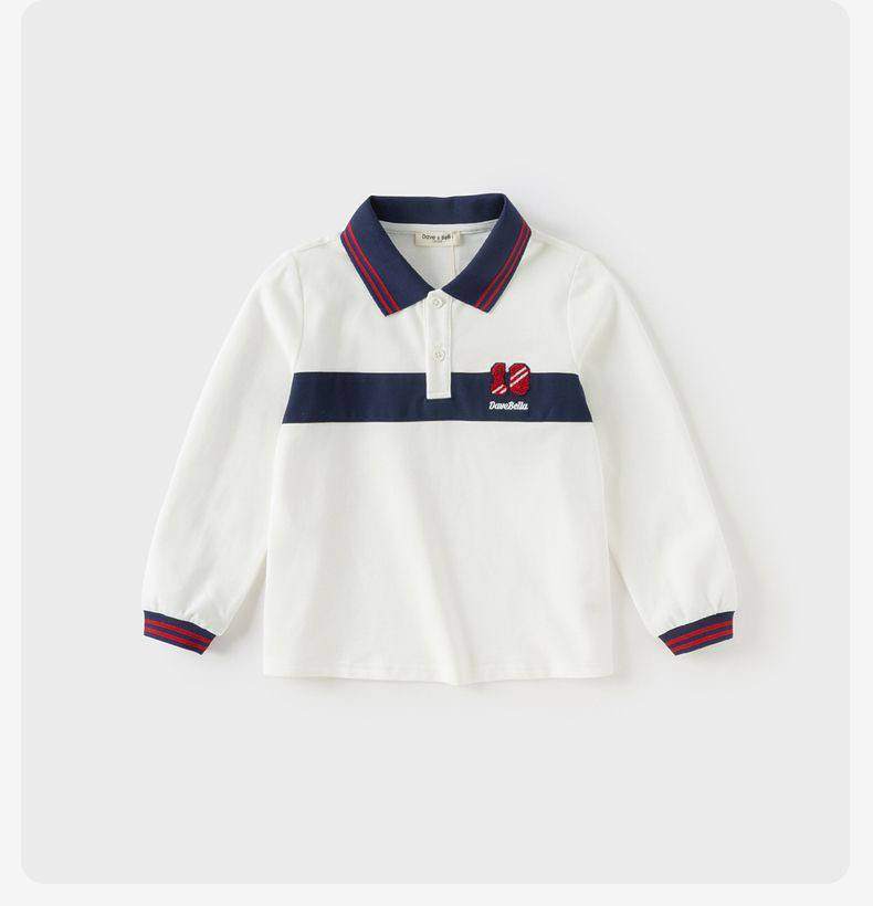 Áo polo dài tay bé trai cotton mềm, phối sọc navy đỏ – phong cách thể thao Dave Bella DK3253258