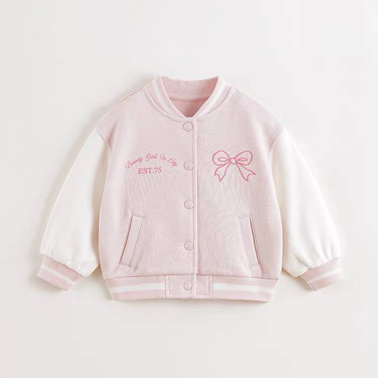 Áo Khoác Varsity Bé Gái Form Rộng Thêu Nơ Xinh Xắn Màu Hồng/Xám MJ250209
