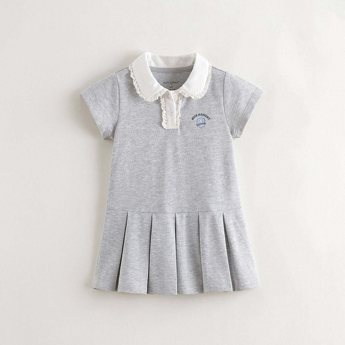 Đầm Thun Cotton Bé Gái Dáng Polo Phối Cổ Bèo Xinh Xắn - Chân Váy Tennis Xếp Ly Màu Xám MJ550792