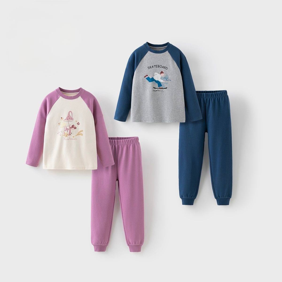 Bộ đồ ngủ cho bé chất cotton giữ ấm, đồ mặc nhà dài tay bé trai bé gái họa tiết nấm/ván trượt phong cách Hàn Quốc DK4243154