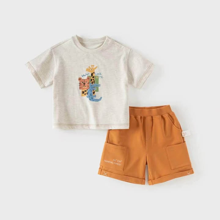 Davebella bộ quần lửng bé trai hè 2026 mới, bộ hai món áo thun tay ngắn casual mỏng nhẹ DB2262334