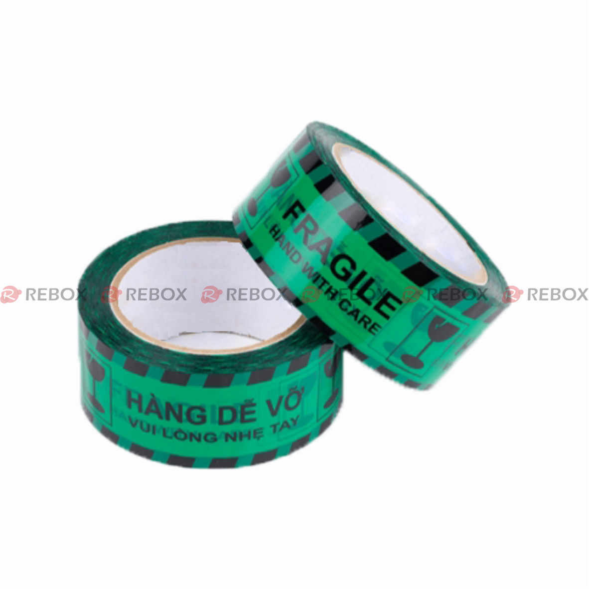 RBK3E - Băng keo in - Hàng dễ vỡ - Khổ 4.8cm - Lõi 3x76 mm - 6 cuộn/ 1.2kg/ cây - Nền xanh chữ đen