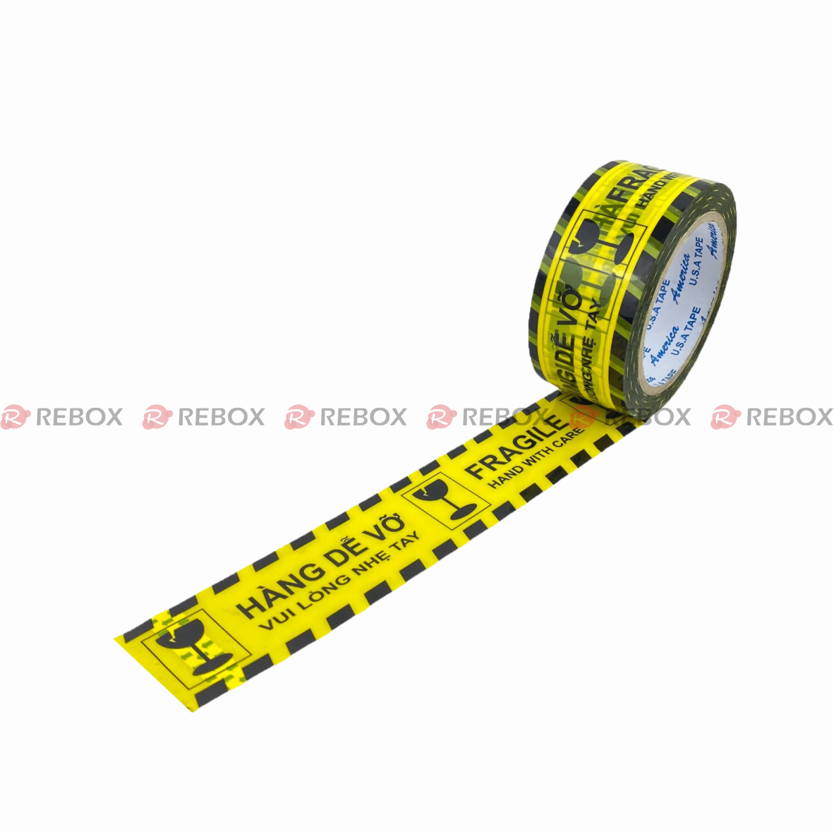 RBK3B - Băng keo in - Hàng dễ vỡ - Khổ 4.8cm - Lõi 3x76 mm - 6 cuộn/ 1.2kg/ cây - Nền vàng chữ đen