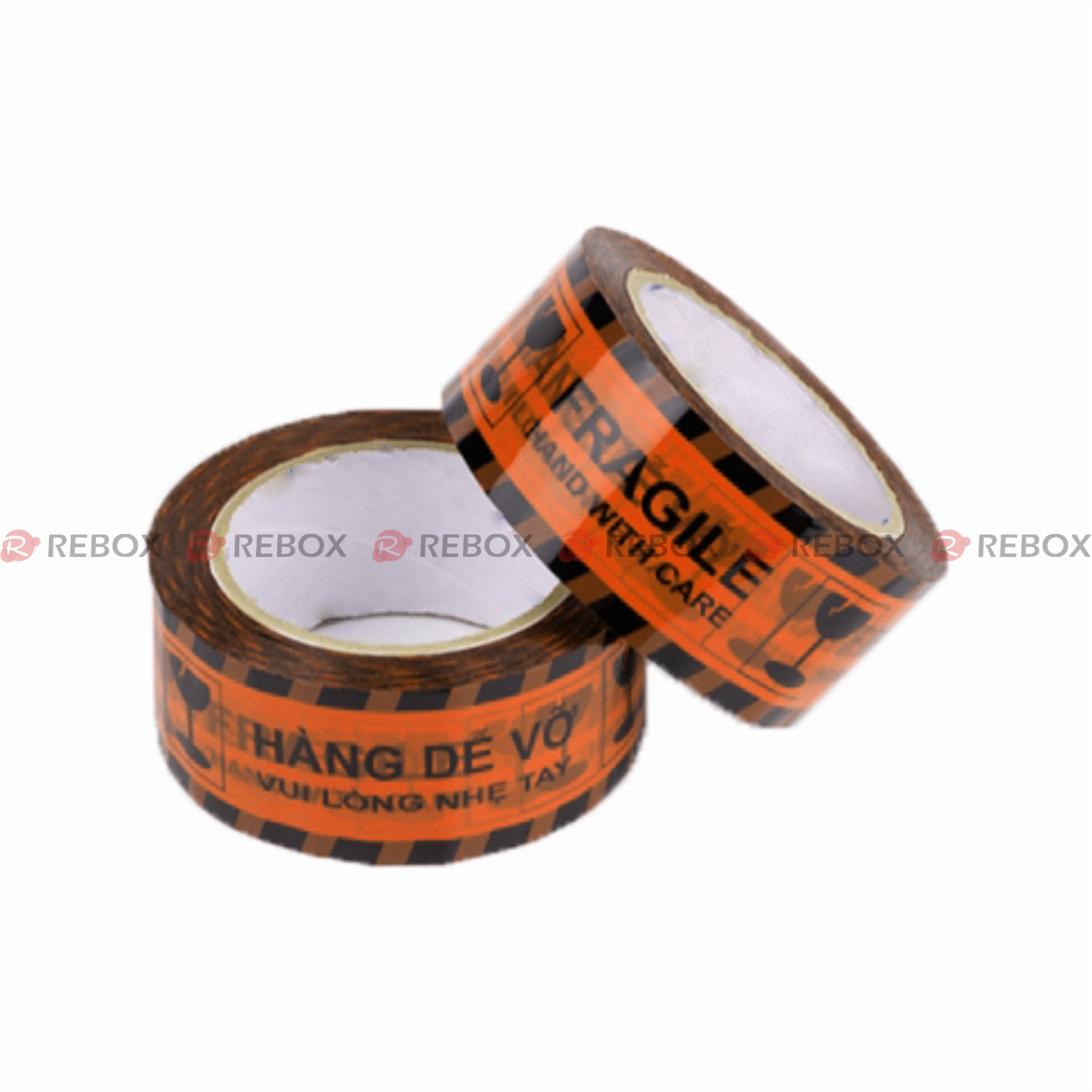 RBK3C - Băng keo in - Hàng dễ vỡ - Khổ 4.8cm - Lõi 3x76 mm - 6 cuộn/ 1.2kg/ cây - Nền cam chữ đen