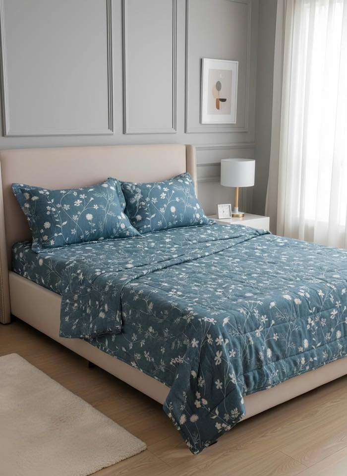 Ga chần bông Tencel kèm 2 vỏ gối Kawa - Size 1.6 x 2m - Hoa xanh