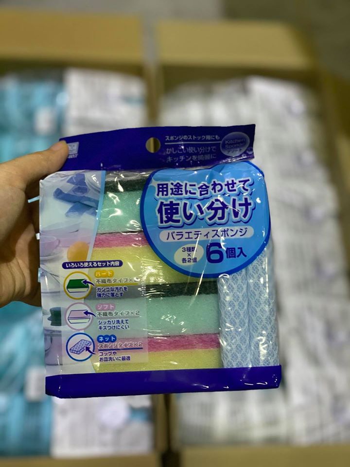 Set 6 miếng rửa bát (2 bọc lưới + 4 mặt ráp) Nhật (mã 2388)